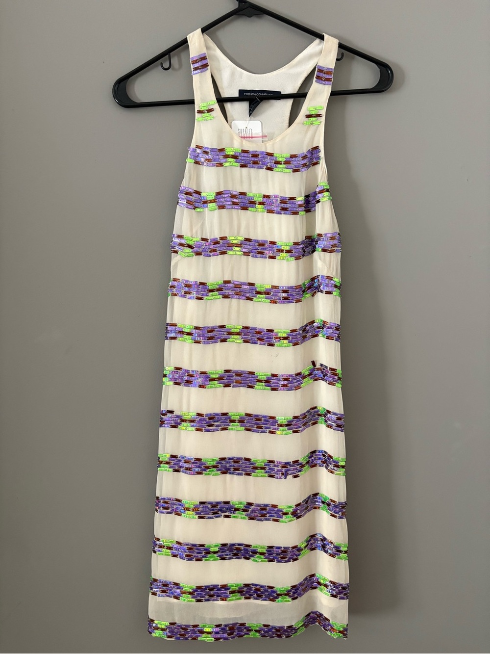 French Connection Ivory Maxi Dress with Purple & Lime Beaded Stripes